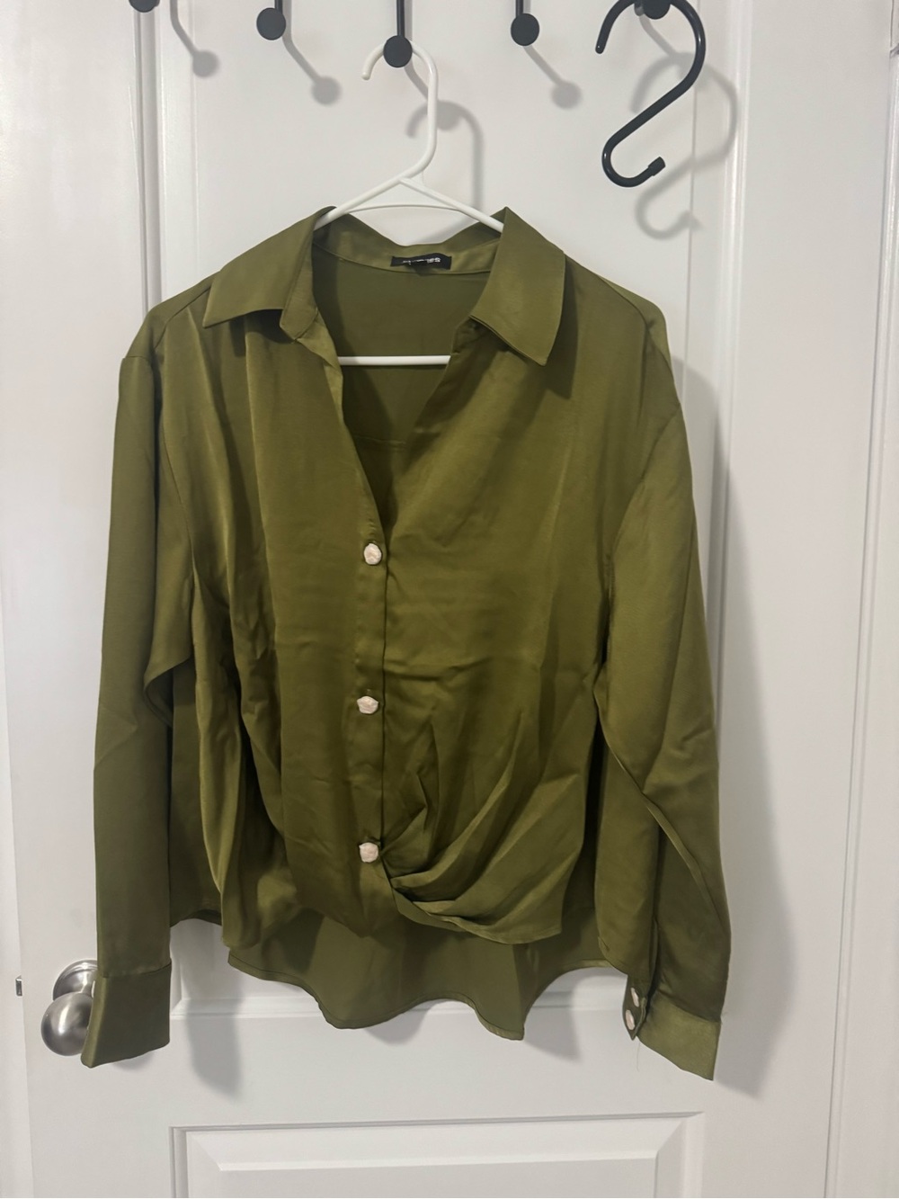 Express Olive Green Satin Button-Down Shirt